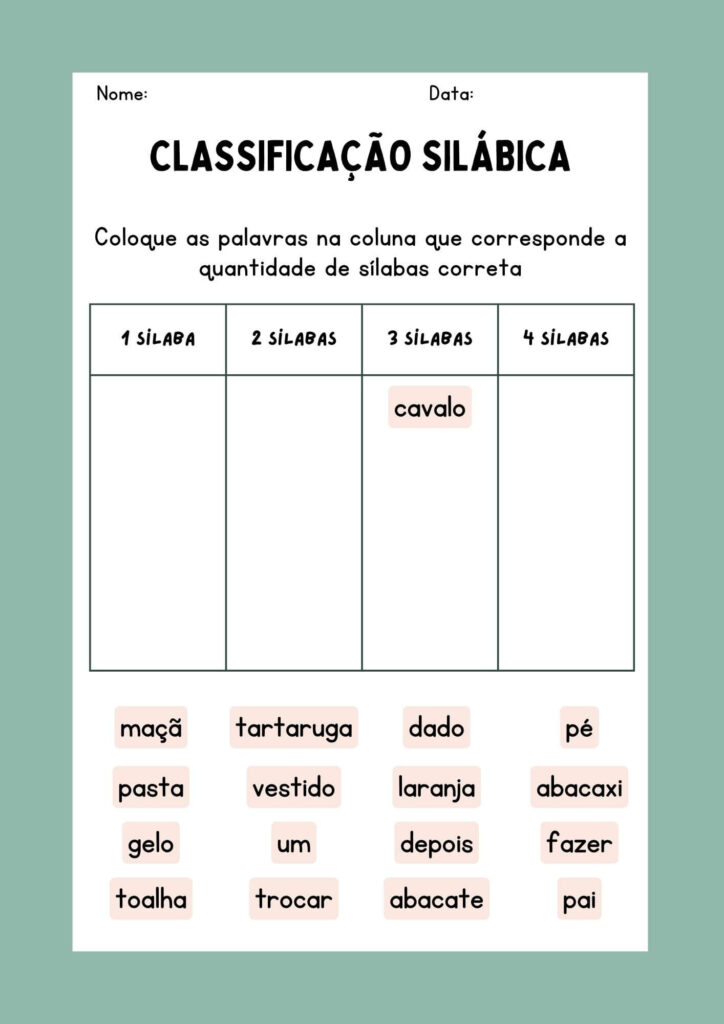 Atividade de Classificar Silabicamente