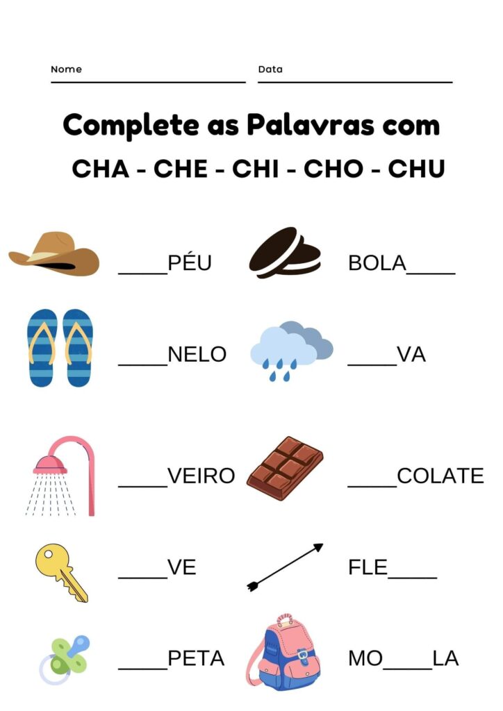 Atividade de Silábas Complexas CHA CHE CHI CHO CHU