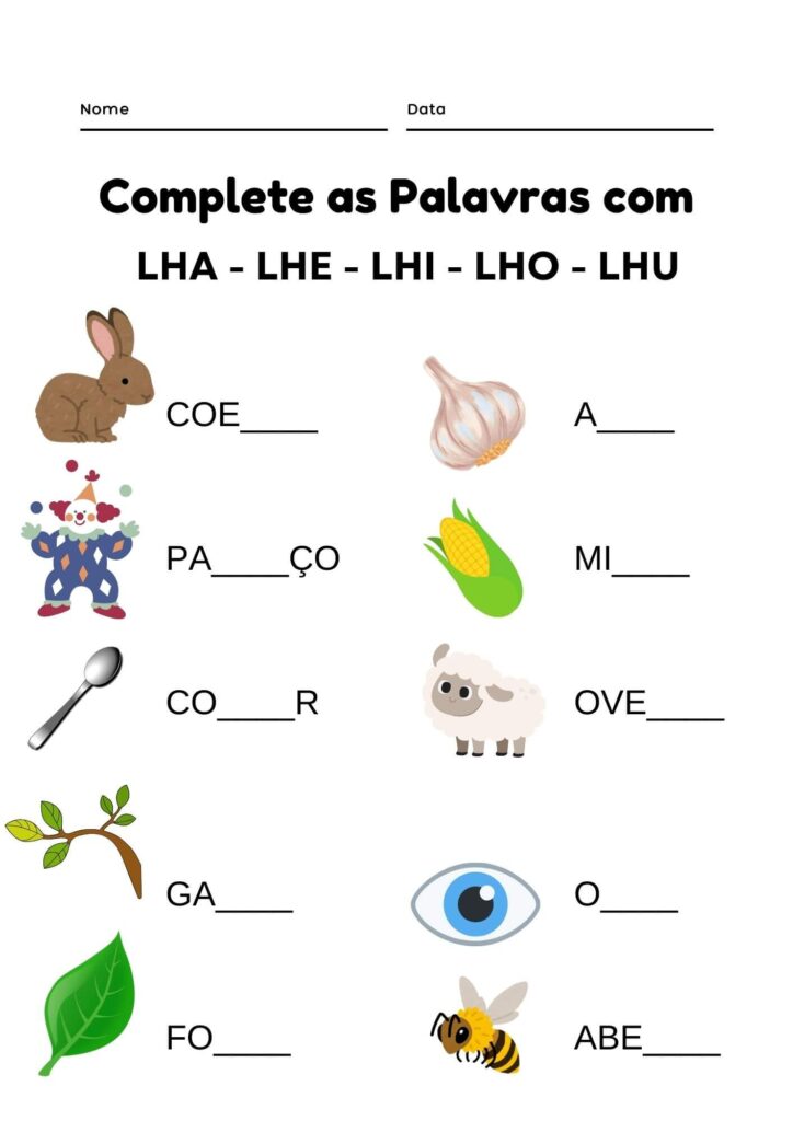 Atividade de Silábas Complexas LHA LHE LHI LHO LHU