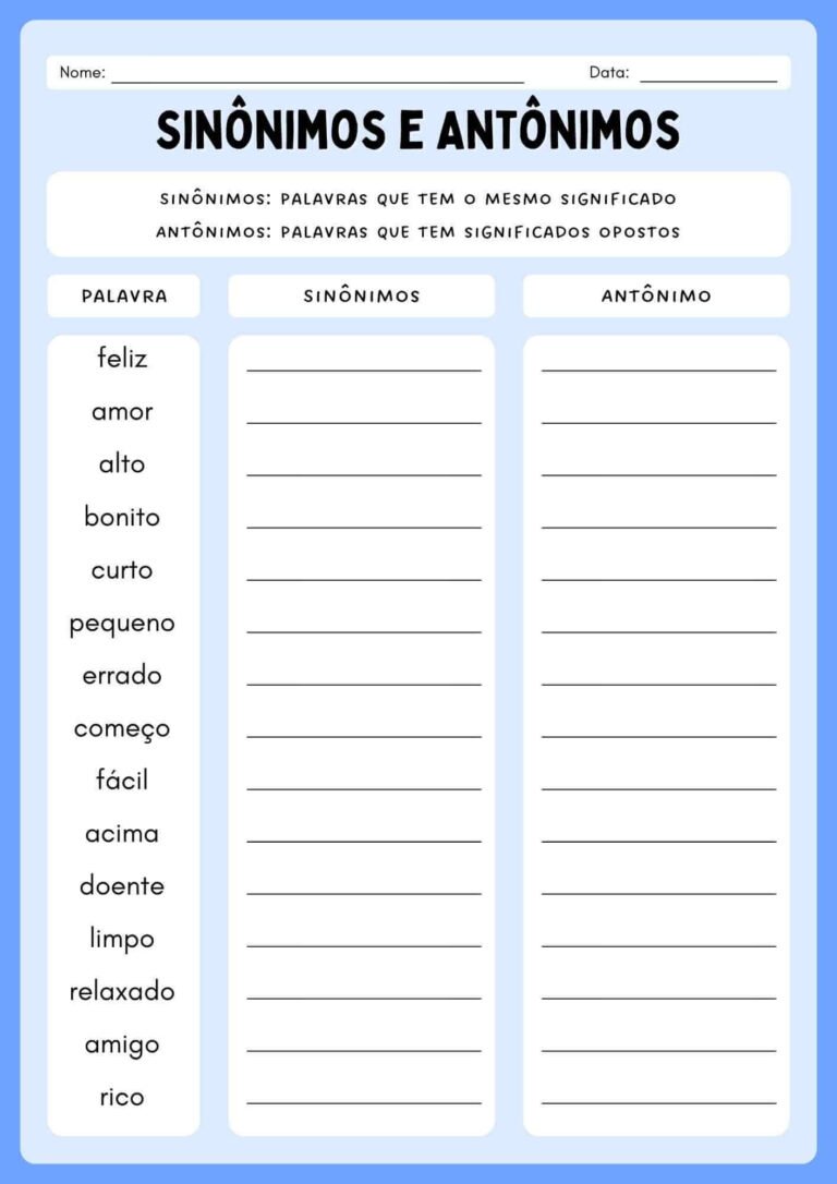 Atividades com Sinônimos e Antônimos 2º e 3º Ano p/ Imprimir