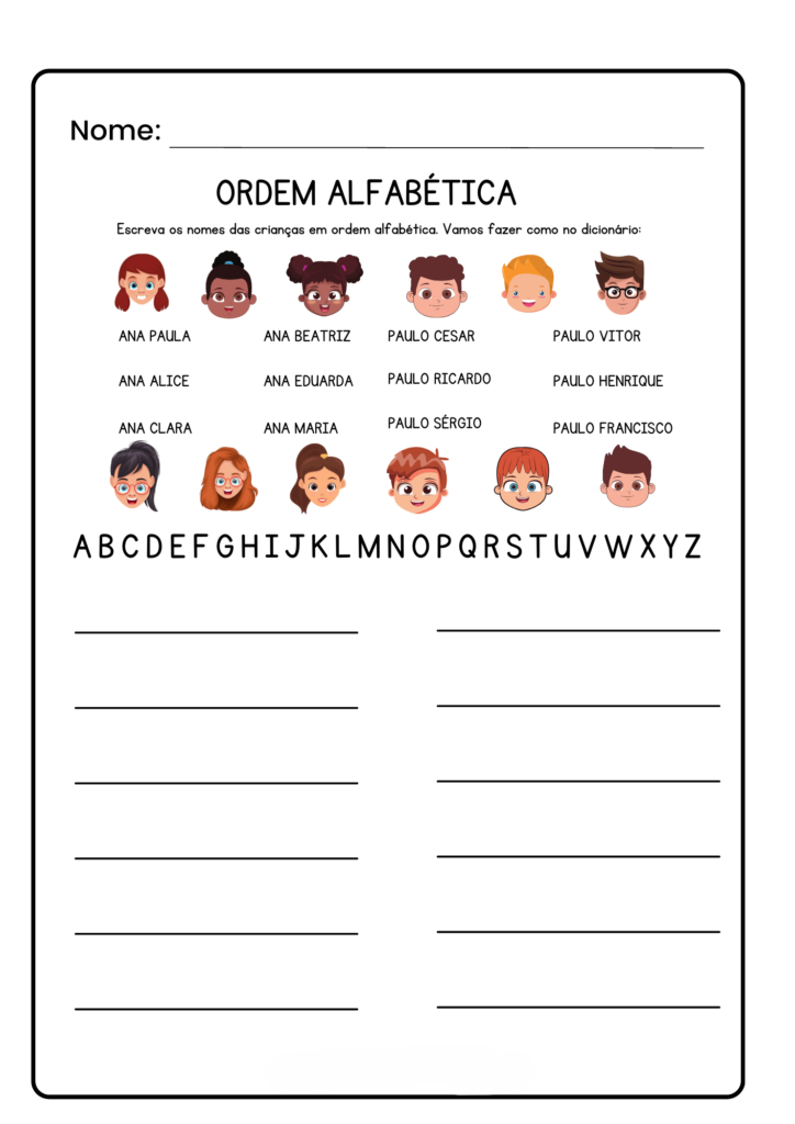 Atividade de Ordem Alfabética para 1º, 2º e 3º Ano