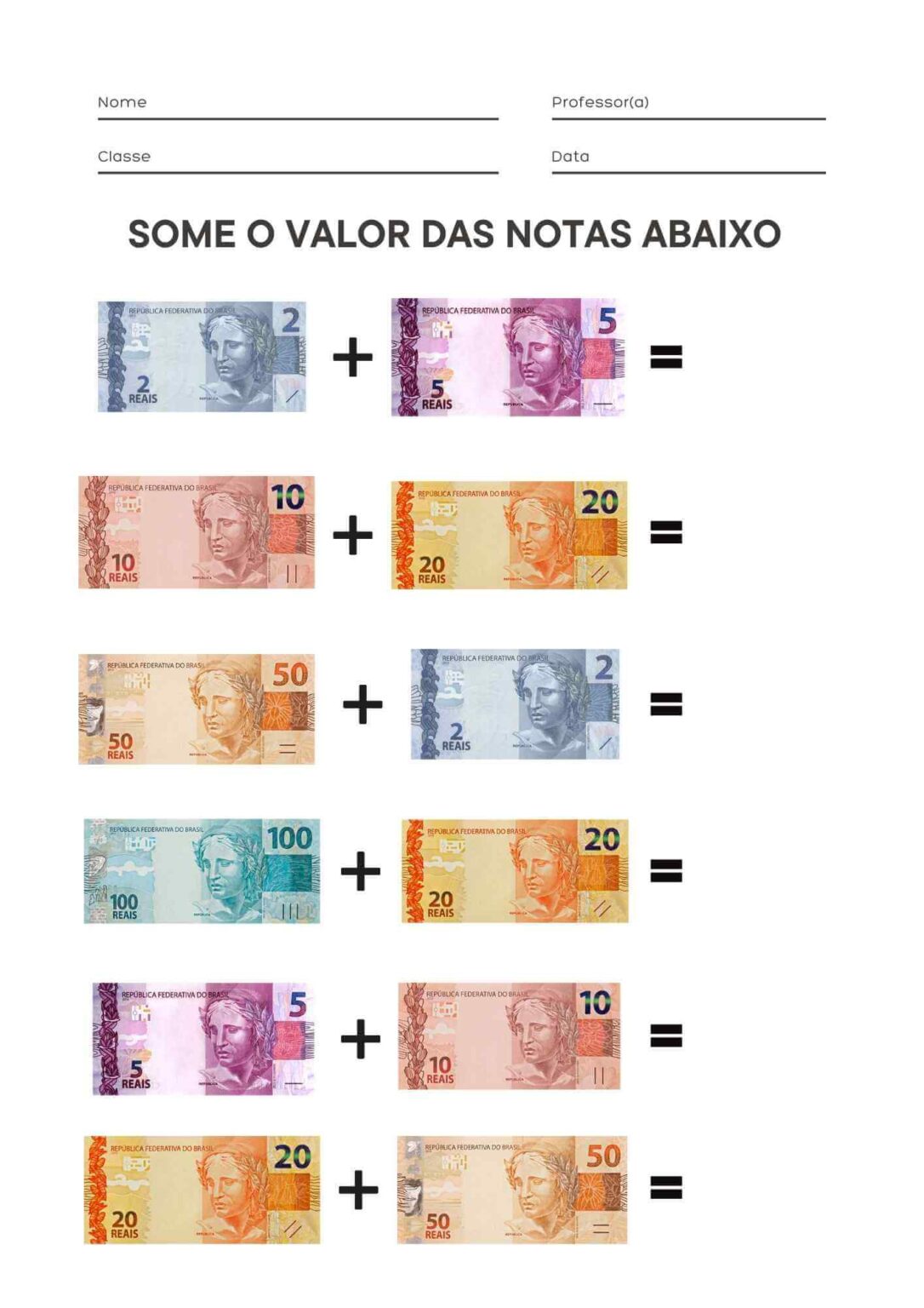 Somar Rind Atividades de Sistema Monetário para 3º e 4º Ano