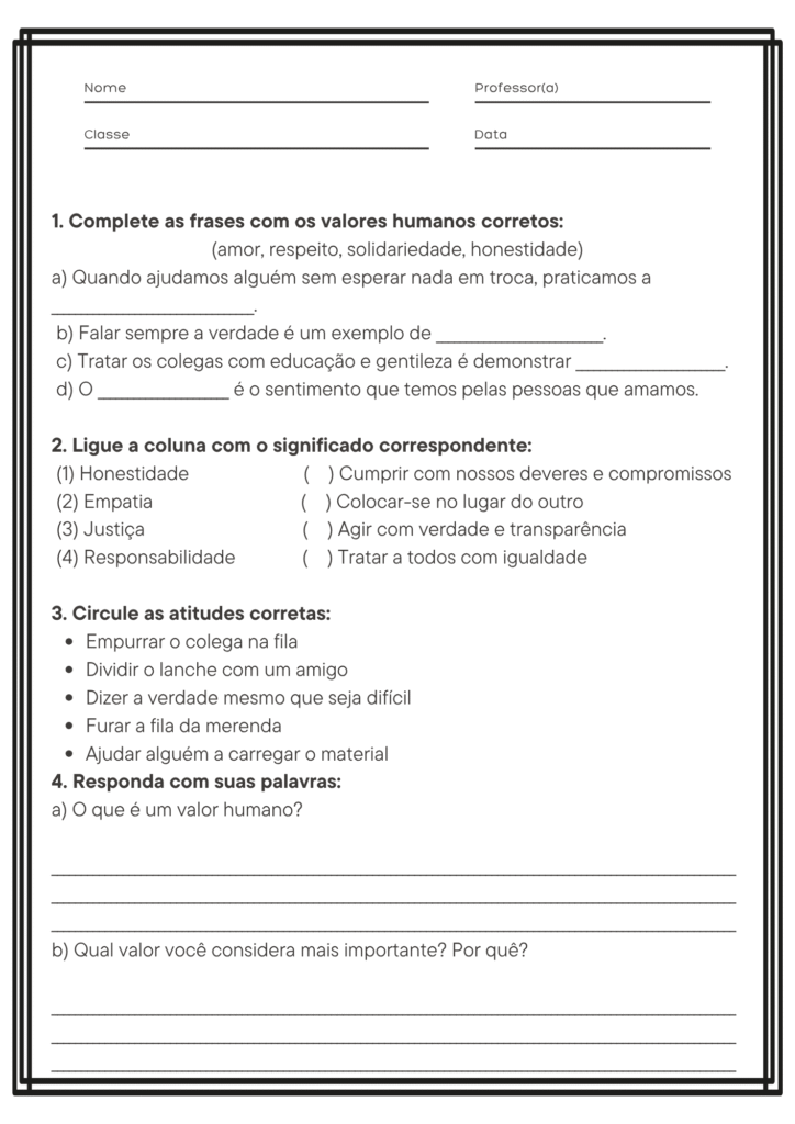 Atividade de Ensino Religioso para 4° e 5° Ano - Valores Humanos