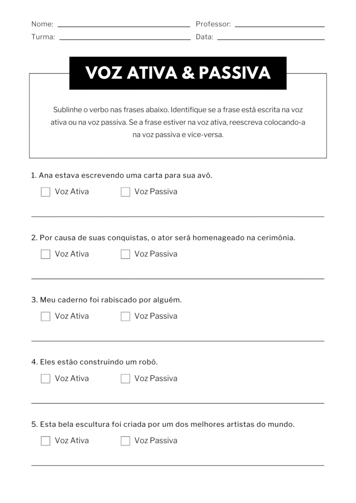 Atividade com Frases para Identificar Voz Ativa e Passiva