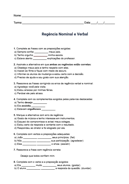 Atividade de Regência Nominal e Verbal