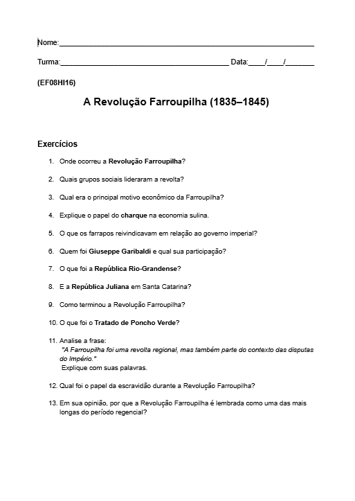 Atividade Revolução de Ferroupilha