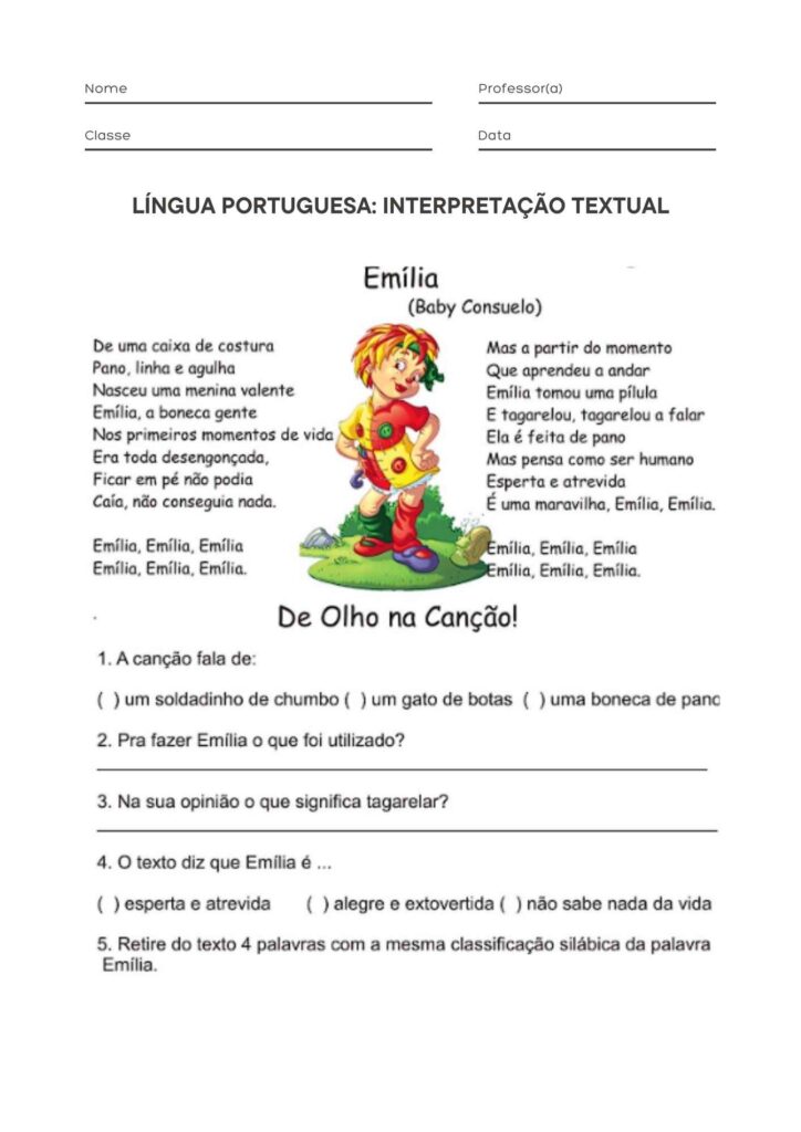 Atividade de Interpretação de Texto para 3º ao 5º para Imprimir