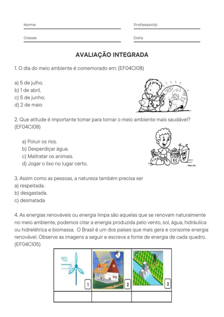 Avaliação Integrada de Ciências e Geografia para 4º Ano Folha 1