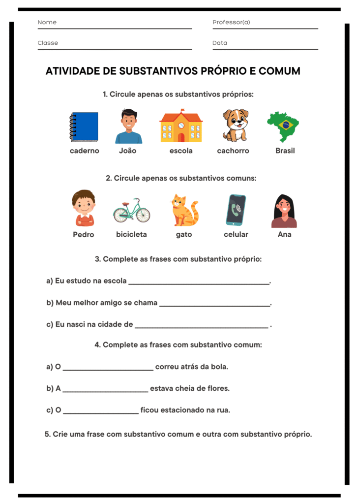 Atividade de Substantivo Próprio e Comum Exercícios 1 a 5