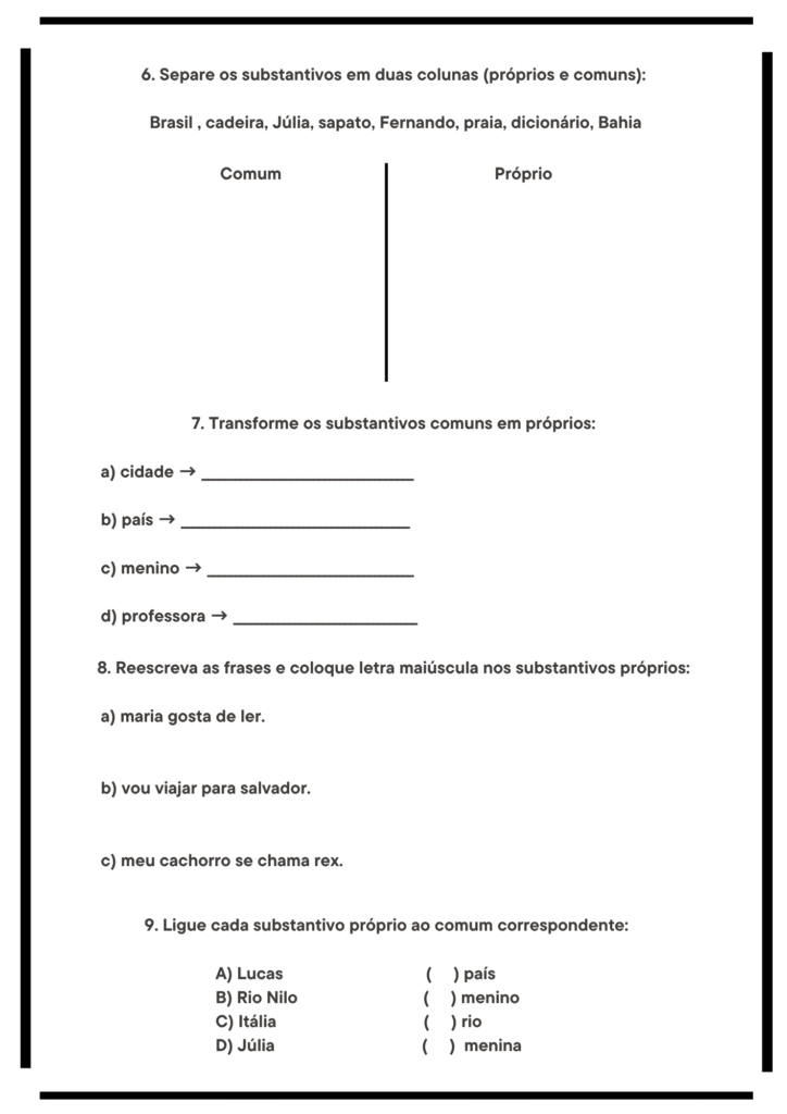 Atividade de Substantivo Próprio e Comum Exercícios 6 a 9
