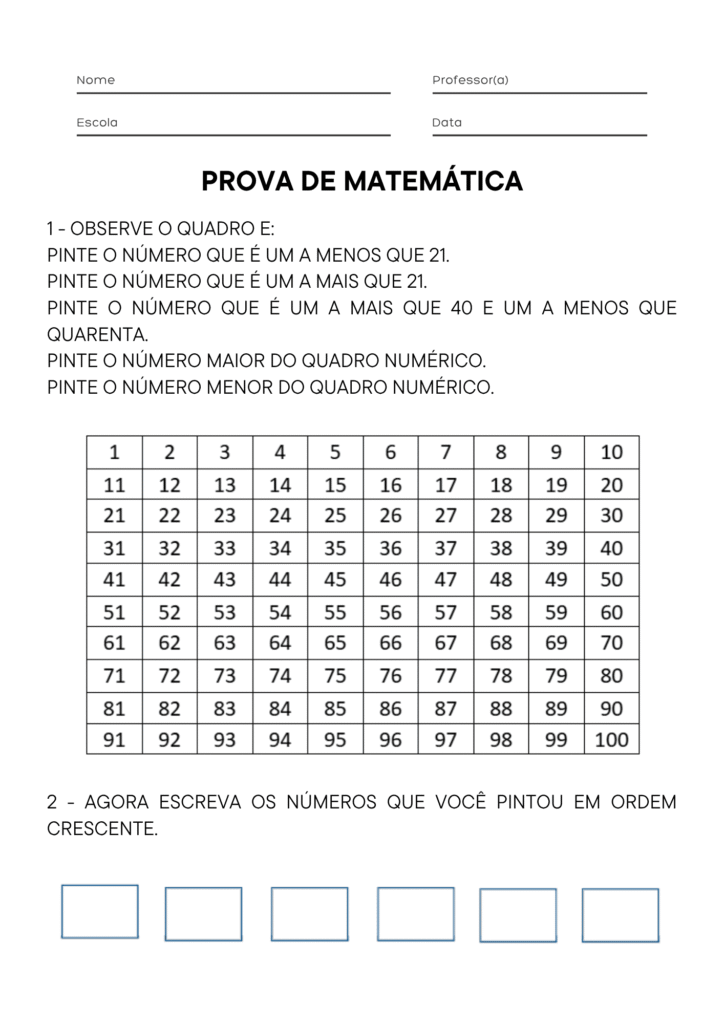 Prova de Matemática 2º e 3º Ano Exercícios 1 e 2