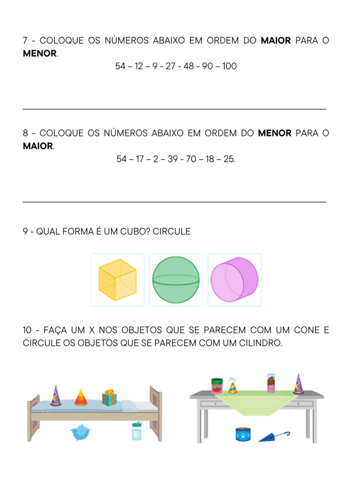 Prova de Matemática 2º e 3º Ano Exercícios 7 a 10