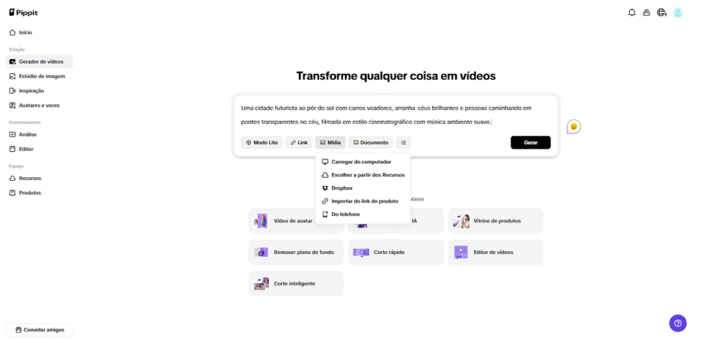 Passo 1: Carregue seu material e indique o estilo de zoom