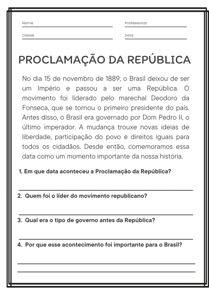 Atividade com Texto sobre Proclamação da República