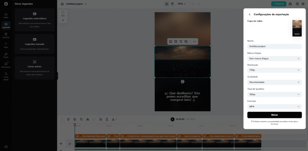 Compartilhe diretamente nas principais redes sociais pelo botão "Publicar" ou baixe com configurações personalizadas usando "Baixar"