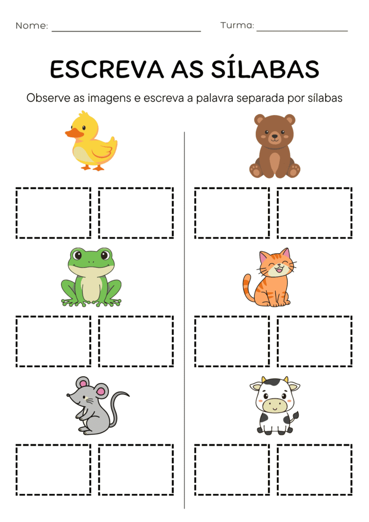 Atividade de Escrever as Sílabas com Tema Animais
