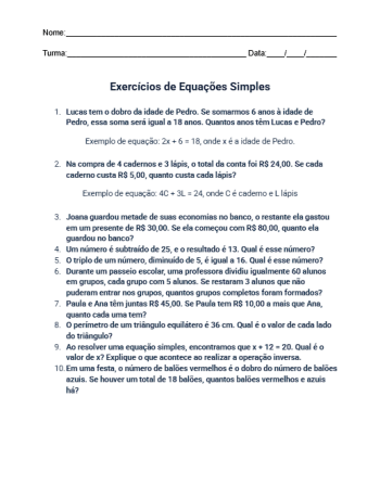 Atividade de Equação Simples